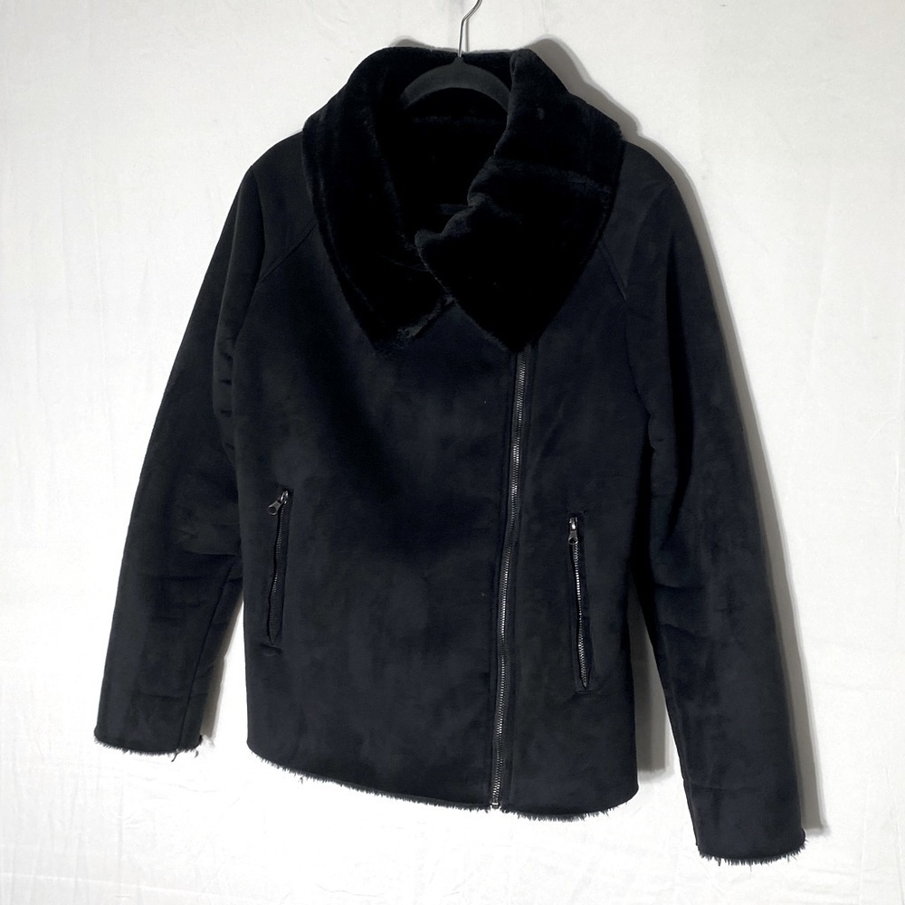 Black Faux Suede Faux Fur Lined Moto Style Jacket M Boho